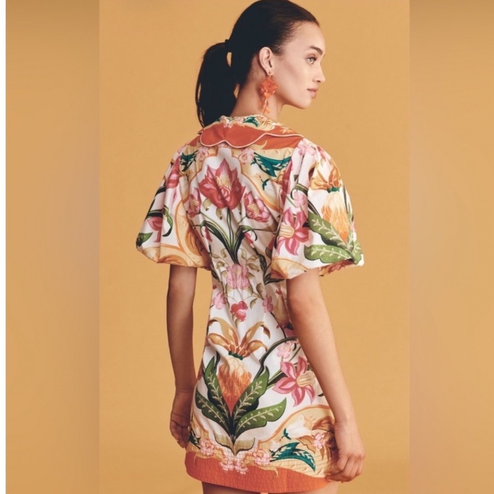 Farm Rio Talita Floral Puff Sleeve Mini Dress Orange Button Front XS NEW - Picture 4 of 14
